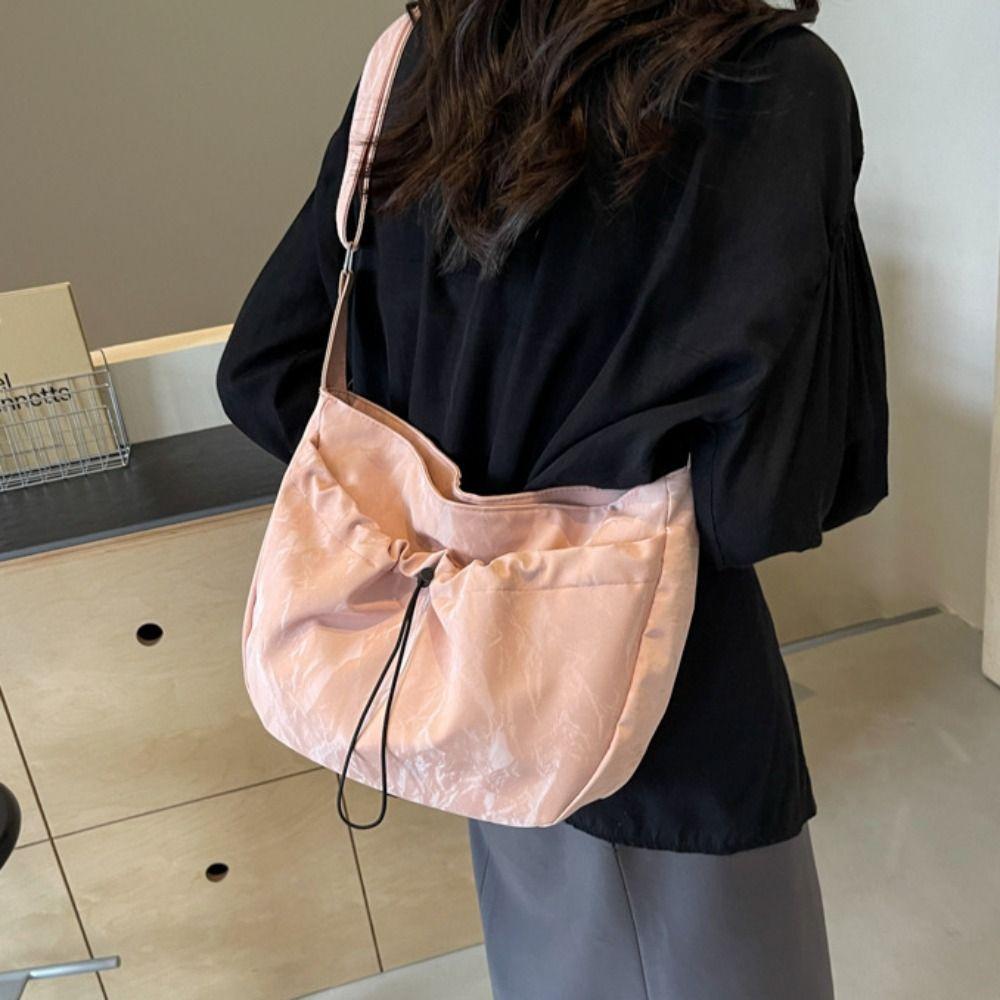 Large Capacity Drawstring Shoulder Bag Zipper Casual Crossbody Bag Nylon Shoulder Bag Travel