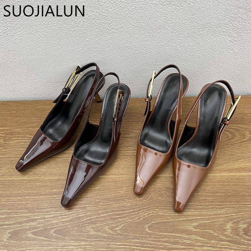Fashion SUOJIALUN Spring New Brand Women Sandal Fashion Pointed Toe Shallow Slip On Slingback Shoes Thin High Heel Outdoor Dress Pumps
