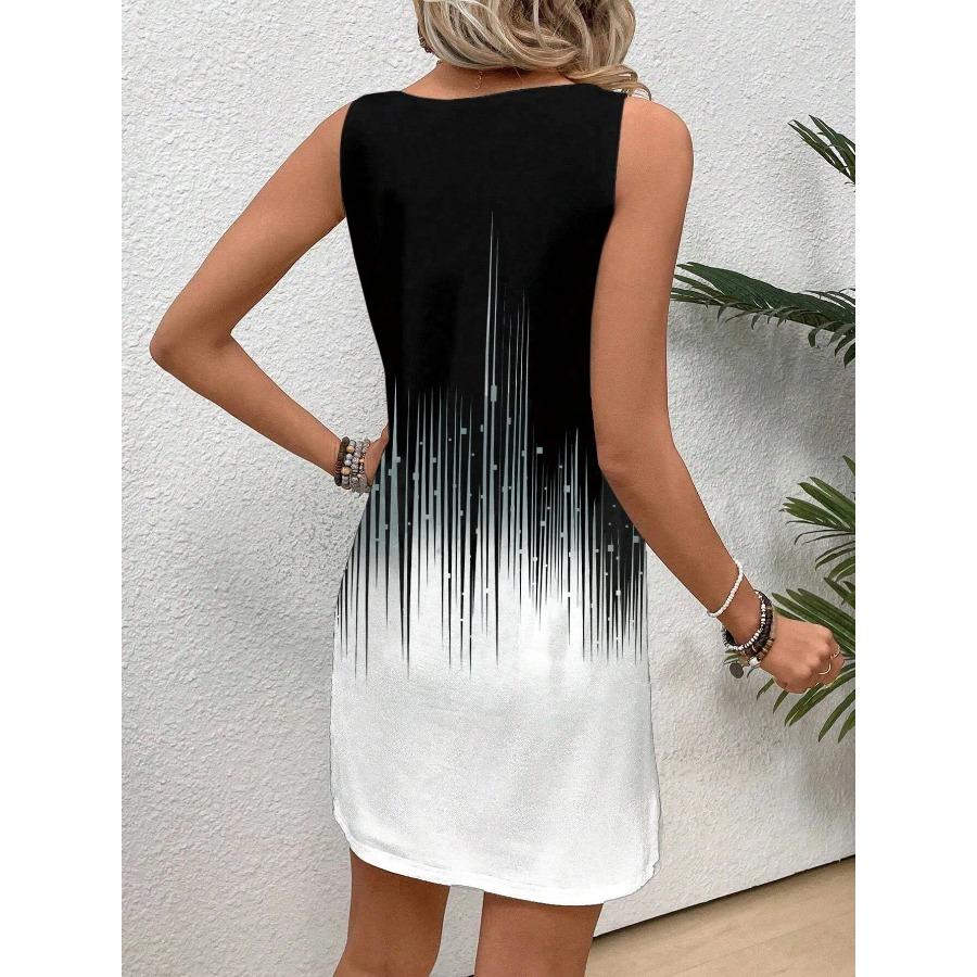 Women Casual Apricot Floral Round Neck Sleeveless Midi Dress Black White Gradual Change Color Dresses Woman Summer Y2k Clothes