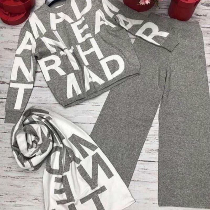 Brand Designer High Street Women Knitted 3 Piece Set Fall Winter New Letter Print Knitted Loose Sweater +Shawl Scarf +Wide-leg Pants Suits