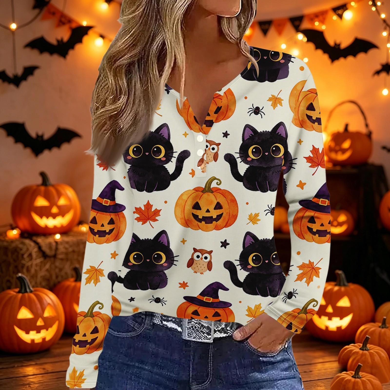 Women s Halloween Printed V-Neck Long Sleeve T-Shirt, Button Casual Top for Women XXL