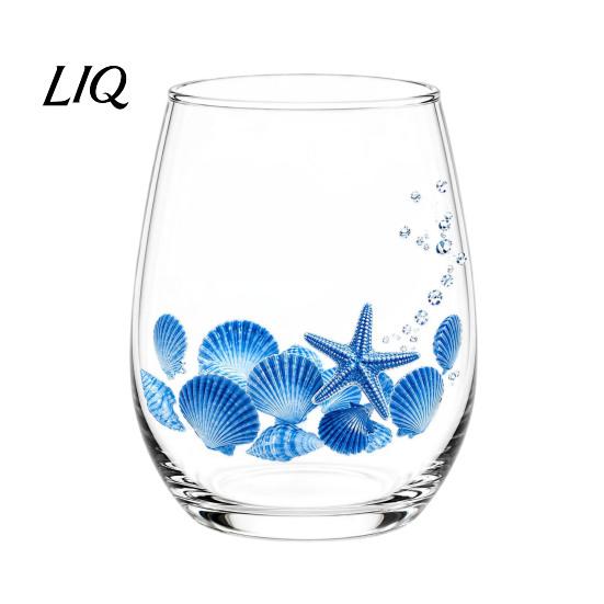 Personalized Daily Use Glassware Stemless Wine Glasses with Marine Animal Pattern, 420ml Capacity, High Borosilicate Clear Glass Cups for Party