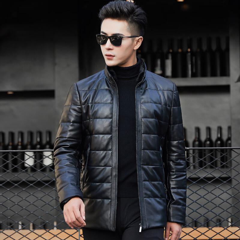 Men's Genuine Sheepskin Down Leather Jacket with Lamb Fur Collar