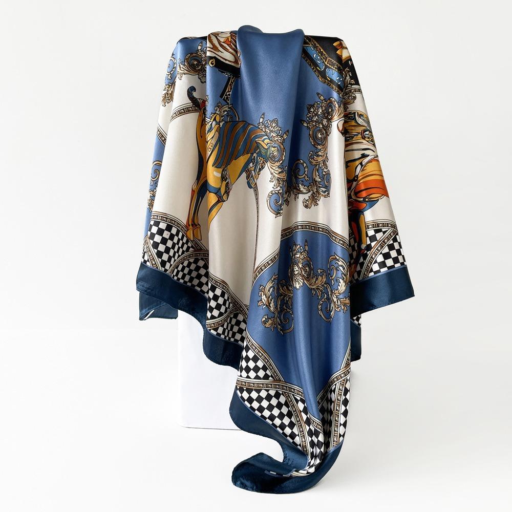 Square Scarf for Women's Imitation Silk Scarf Mother Gift Satin Color Tick Scarf Digital Printing Breathable Versatile Sun Protection