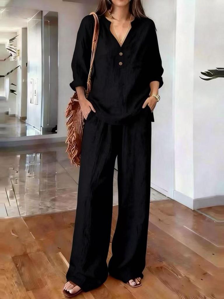 New Women's Long Sleeve Solid Loose Casual Two Piece Set