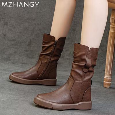 Leather Women Snow Mid Calf Boots Flats Pleated Winter Shoes Woman 2024 Trend Fashion Motorcycle Boots New Goth Cozy Mujer Botas