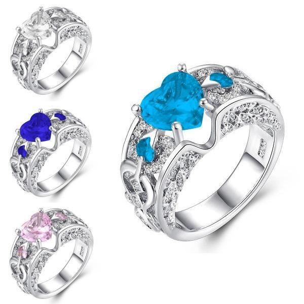 Elegant Women Ladies Rhinestone Princess Heart Shape Jewelry Wedding Ring