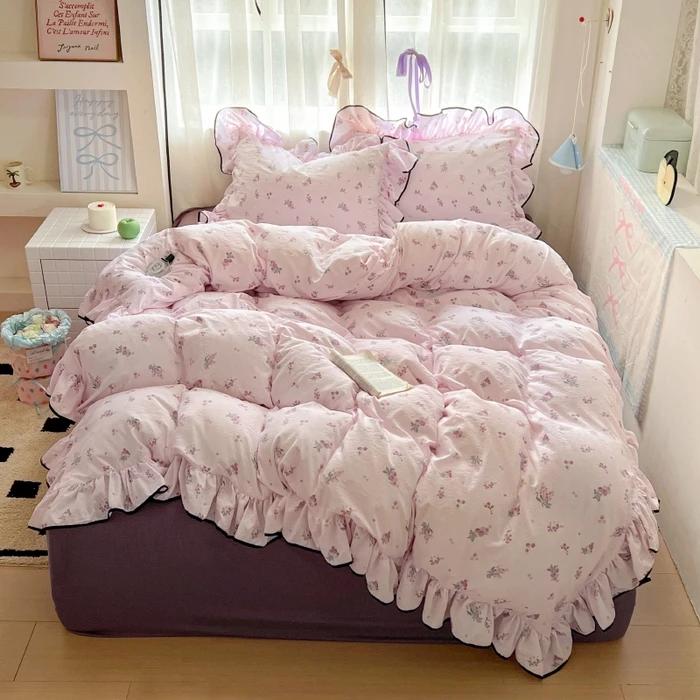 2025 New Cream Lace Girl Powder Grid Korean Version Bed 4-piece Set Washed Cotton Double-layer Yarn Quilt Cover Dormitory