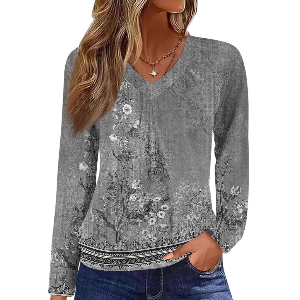 Women's Casual Fashion V-Neck Raglan Pleated Retro Printed Long Sleeve Top