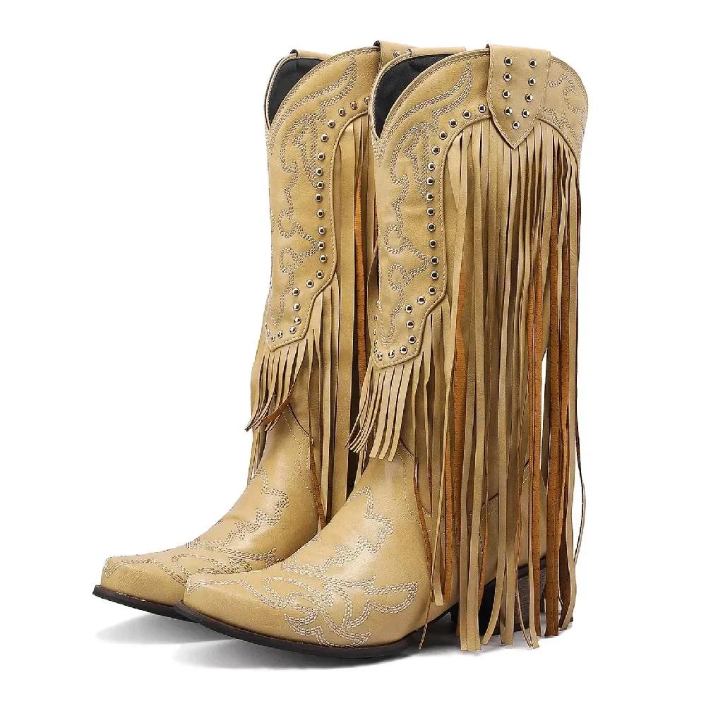 

Fringe Rivet Western Women Mid-calf Boots Red Yellow Embroidery Sewing High Square Heels Winter Party Slip-on Cowgirl Half Boot 34 жёлтый