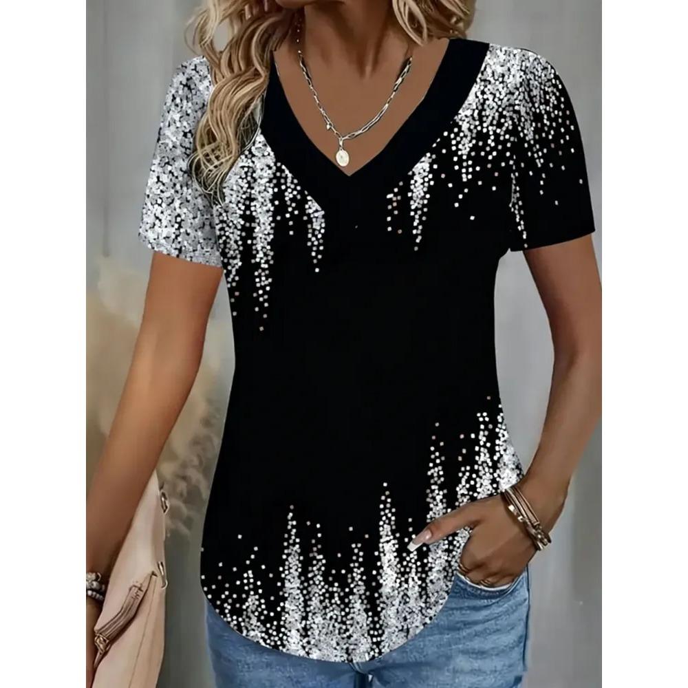 Creative Colorful Pattern Summer Soft Fashionable Comfortable Women's T-Shirts Casual Breathable Loose V-Neck Short-Sleeve T-Shirt