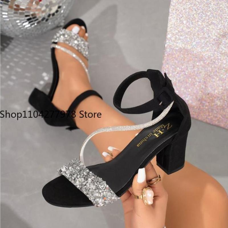 Fashion New Summer Women High Heels Wedding Party Sandals Open Toe Ankle Strap Chunky Heels Rhinestone Platform Sandals Diamond Shoes