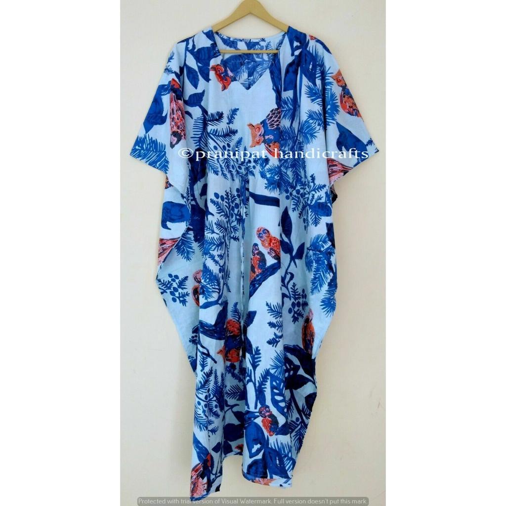 Damen Baumwoll-Nachtwäsche Blau Lang Eulen-Print Übergröße Maxi Überwurf Kaftan Kleid CKFTN-SCRN-FULL-BUYIT-051