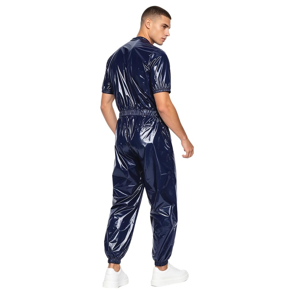 Men Waterproof One Piece Jumpsuit Short Sleeve Front Zipper Elastic Waist Side Pockets Jogging Pants Raincoat Sauna Tracksuit for Outdoor Running