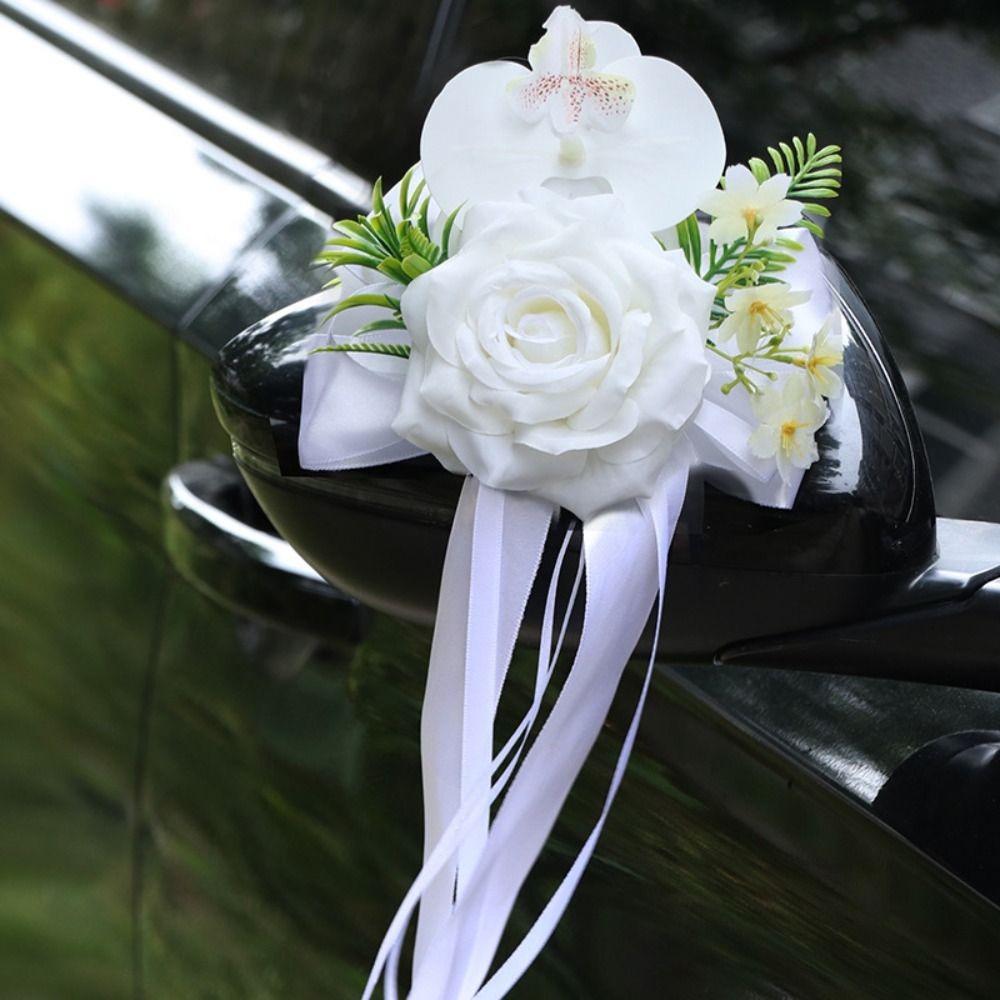 Simulation Rose Wedding Decor European Style Bow Floral Ornaments  Rearview Mirror