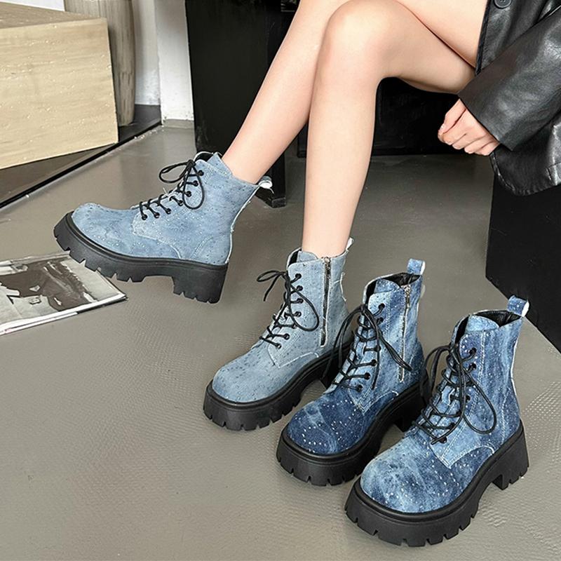 Cowboy Platform Ankle Boots Women High Heels Shoes Fashion Autumn Lace Up Motorcycle Boots  Trend New Pumps Snow Botas Mujer