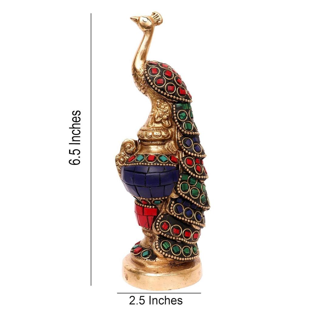Brass Vintage Peacock Sitting Decorative Showpiece In Multicoloured Stone Finishing for Home Decor, Table Decor