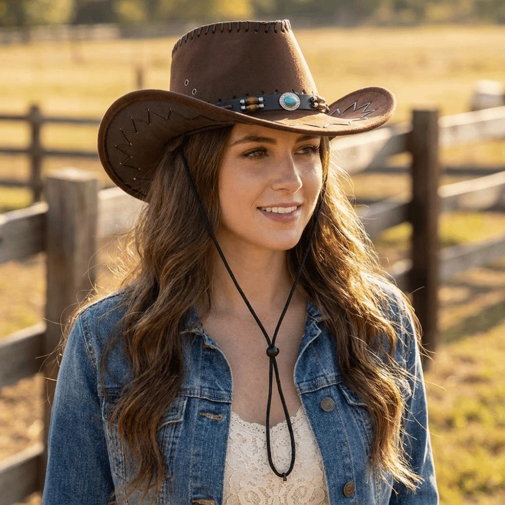 Wide Brim Fedora Hat Leather Belt Sun Hat Travel Western Cowboy Hat  Camping