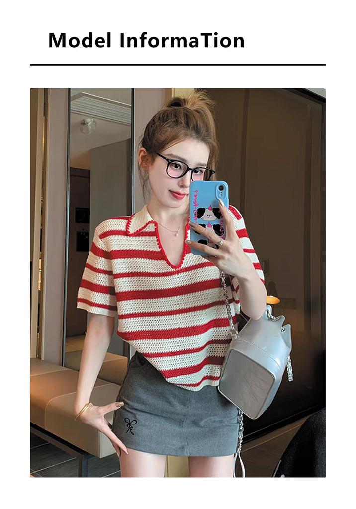Striped Shoulder Versatile Casual Knitted Short-Sleeved T-Shirt for Women