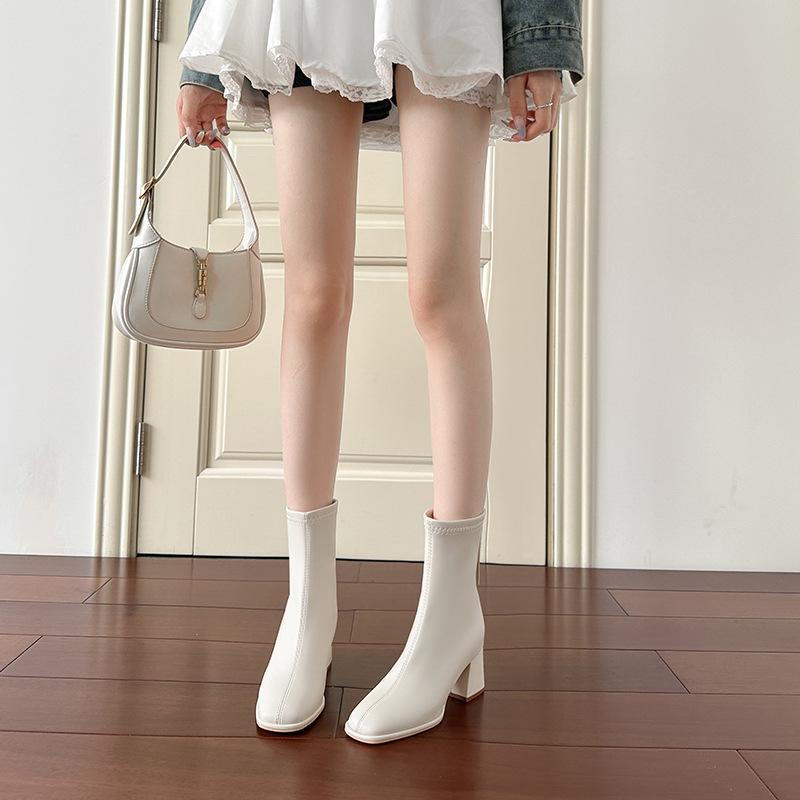 Elastic thin boots women's new autumn and winter mid-heel white boots square head high-heeled short boots women's small fragrant bare boots