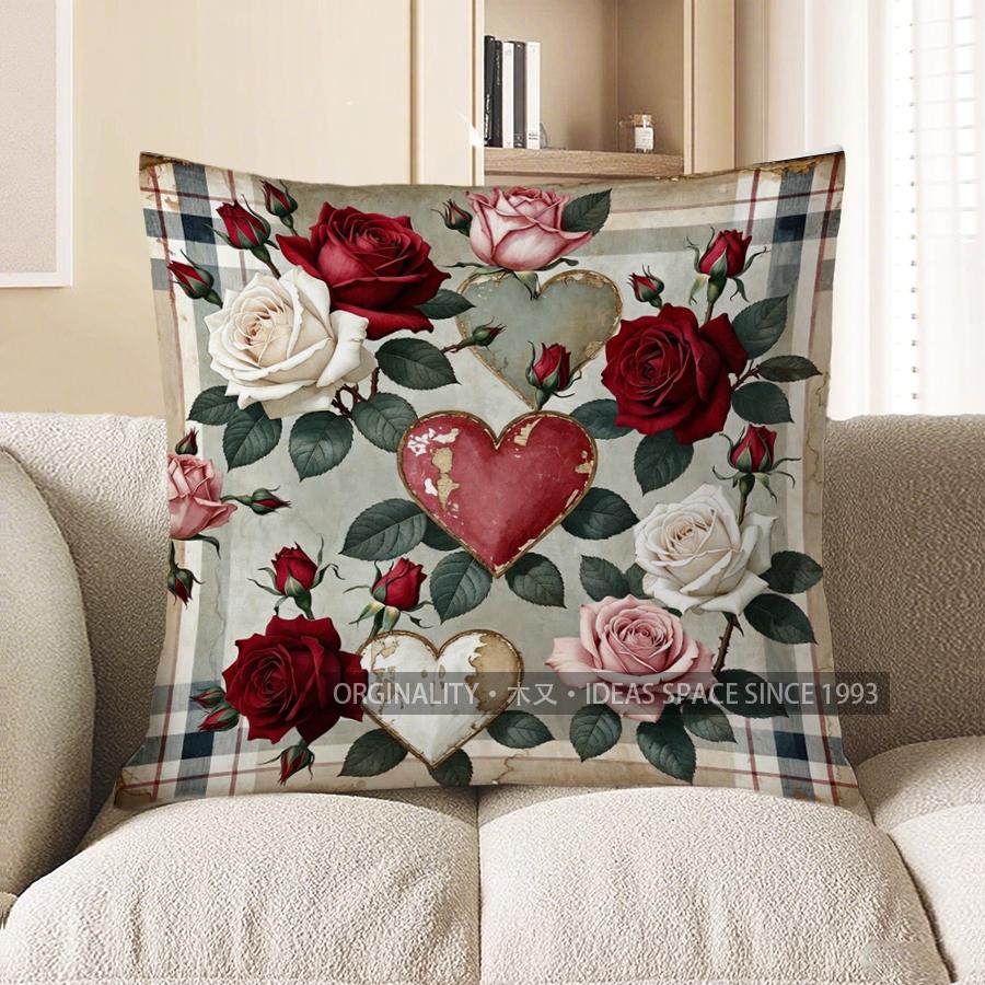 2D Floral Hearts Pattern Throw Pillow Covers Pattern Cushion Cover Suitable For Sofa Bedroom Car Pillow Cover 40x40cm