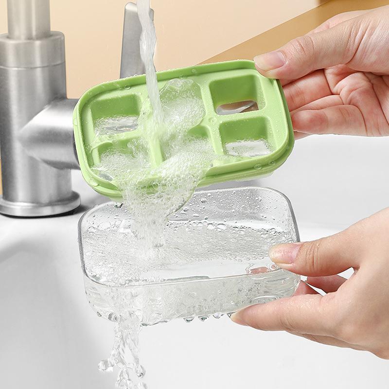 New Ice Storage Compartment with Mini Silicone Square Mould and Lid, Easy Release 6 Cube Ice Tray