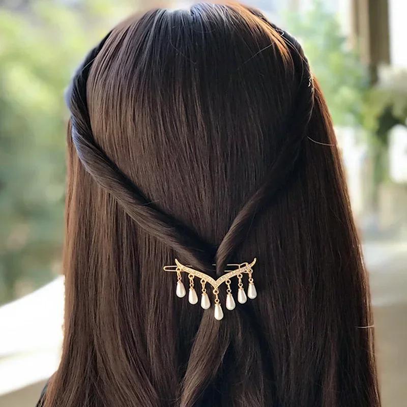 Women Fashion Creative Gifts Elegant Pearl Pendant Tassel Hair Accessories Sweet Luxury Geometry Jewelry Hair Clips Accessories