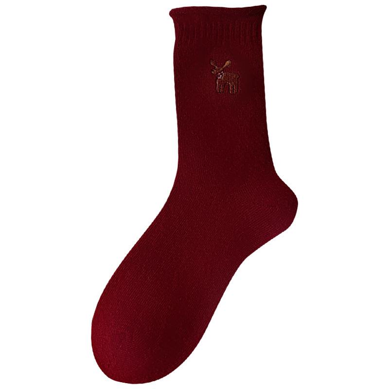 New Year's Wool Pile Socks for Autumn and Winter, Bright Red Warm Cartoon Embroidery Mid-calf Solid Color Striped Twisted Socks for Women