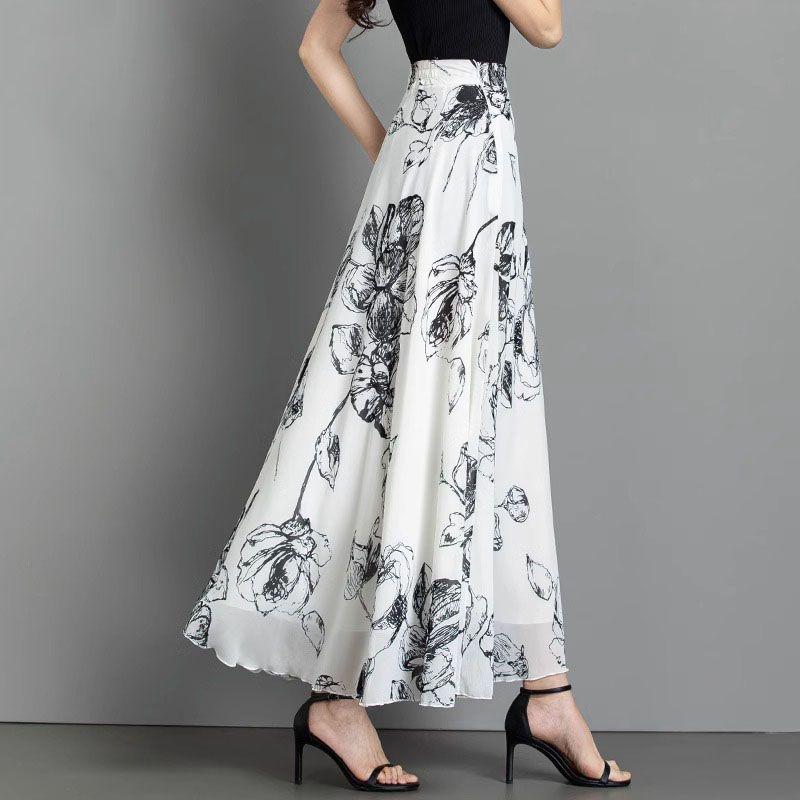 

Летняя ретро черная шифоновая юбка с принтом в пол, юбка А-силуэта с высокой талией, длинная юбка с большим цветочным зонтом для женщин 3XL