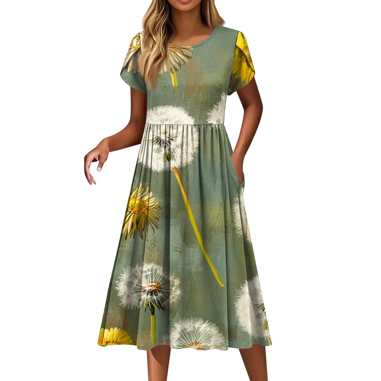 

Женские платья Винтажные цветочные платья с круглым вырезом и коротким рукавом L зелёный
