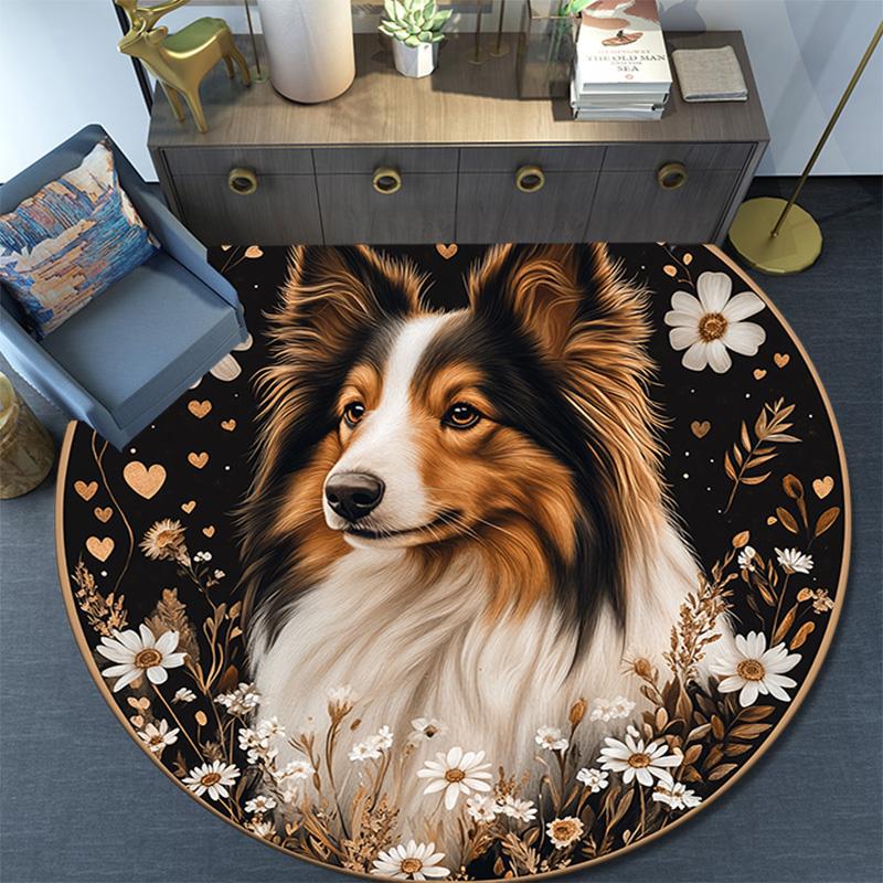 Collie Dog Round Area Rug,Carpet Rug for Living Room Bedroom Sofa Playroom Decor,Non-slip Floor Mat