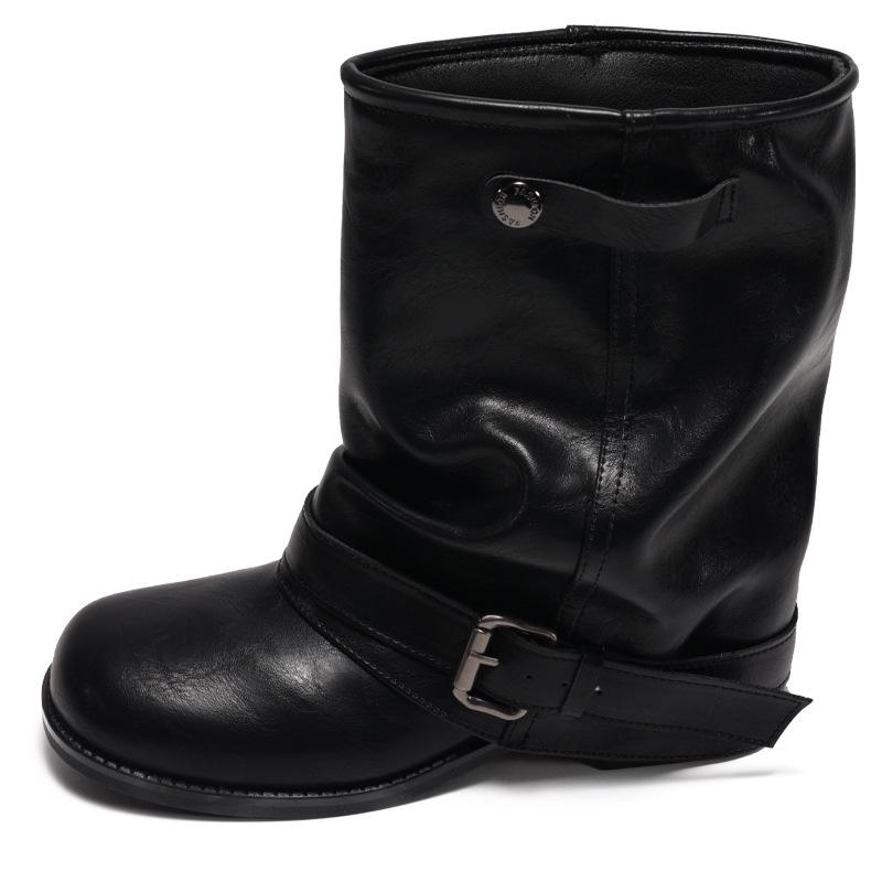 New Fashion Women's Pants Tube Cowboy Boots Autumn Pile Pleated Black Vintage Western Martin Boots Thick Heel