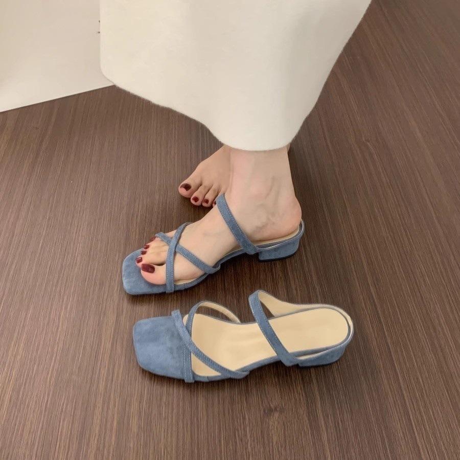 French fairy wind cross with open-toed square slippers female summer wear beautiful 3cm small thick heel suede cool slippers