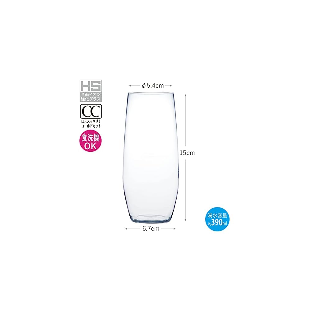 Toyo Sasaki Glass Fino Long Tumbler Glasses, 390ml, Set of 6, Made in Japan, Dishwasher Safe,