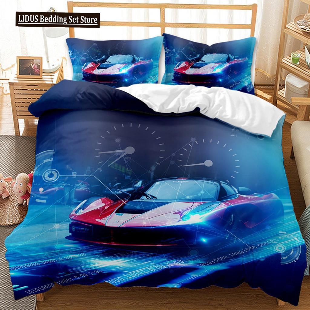 Sport Racing Car Duvet Cover Set Blue Race Car Bedding Set Full Size Boys Blue Flame Extreme Speed Sports Car Comforter Cover