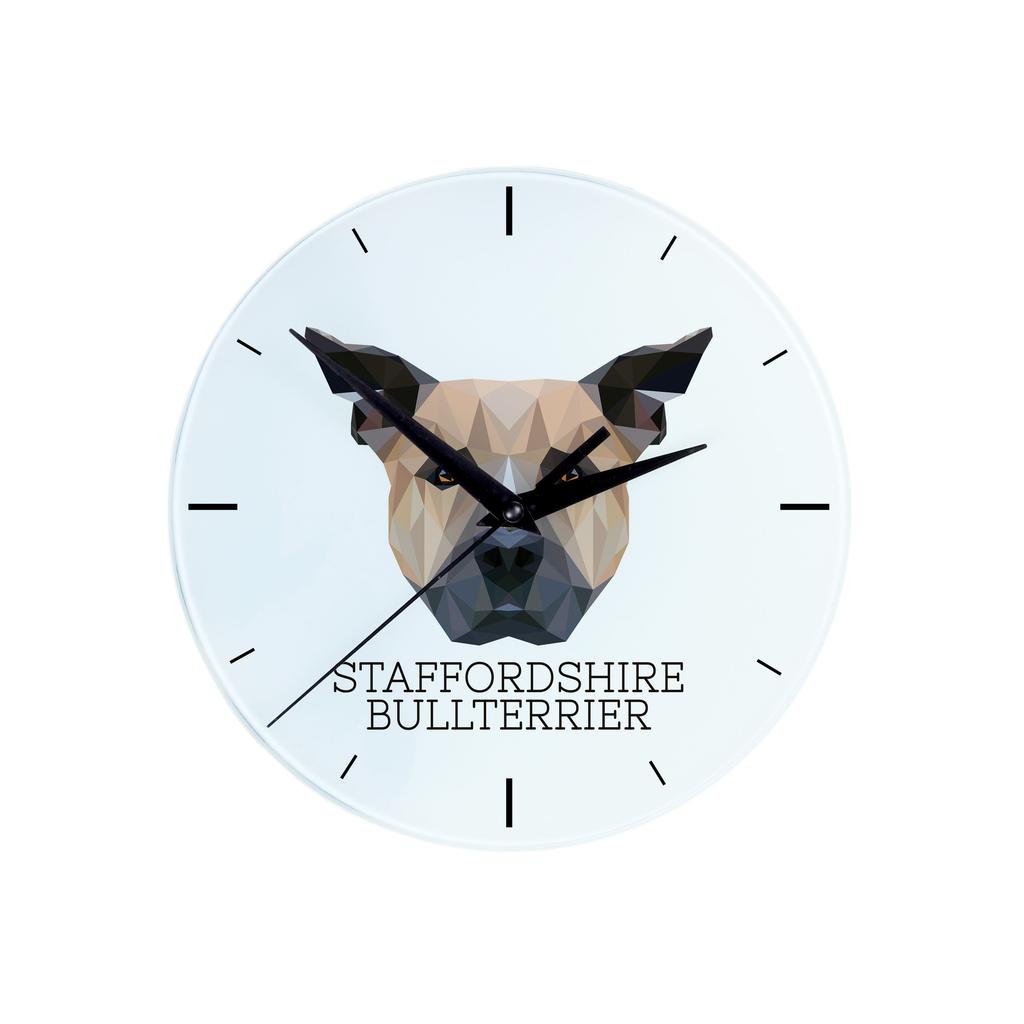 Staffordshire Bull Terrier, Staffik, Staffi -Geometryczny Zegar Ścienny Ze Zdjęciem I Napisem Marki Art-Dog