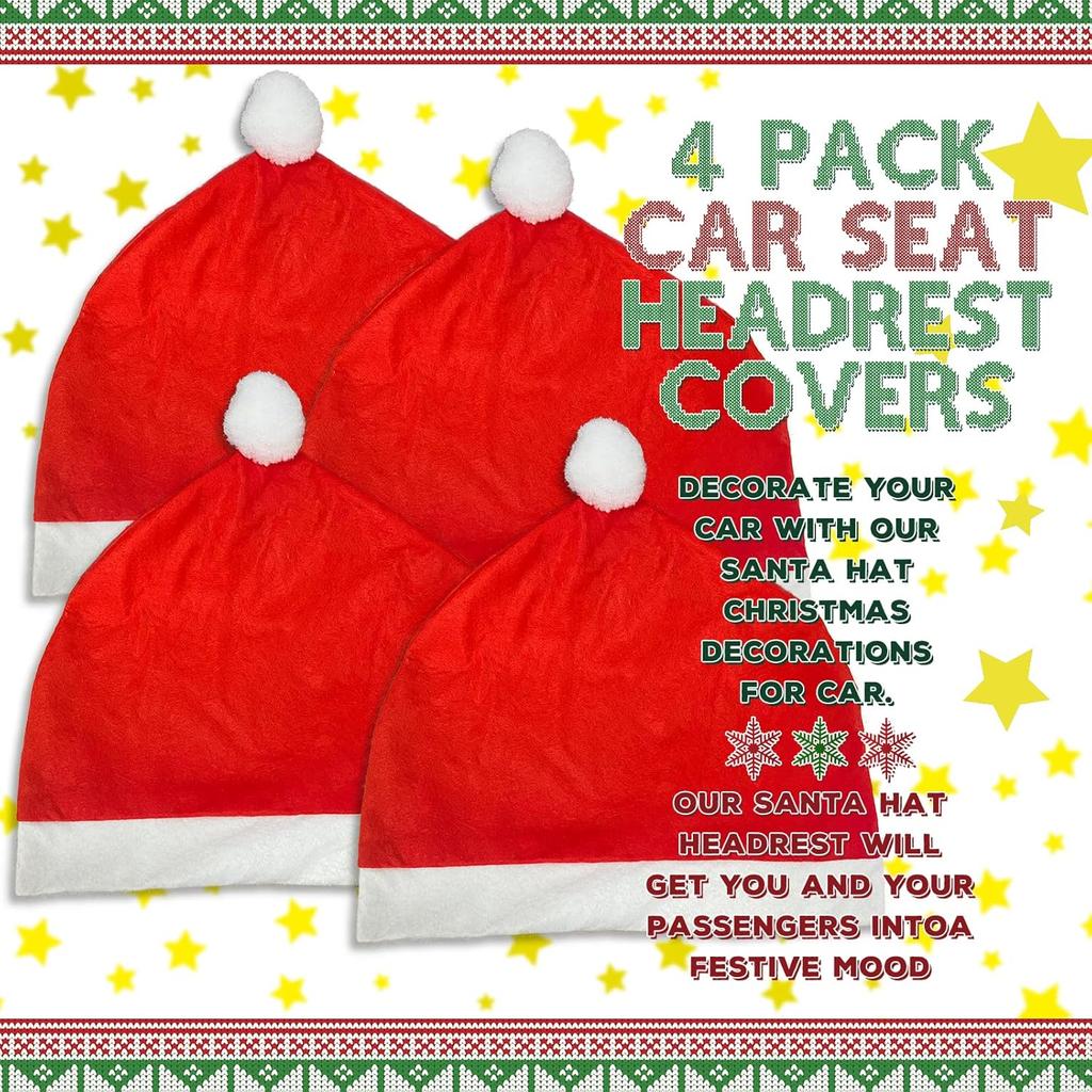 YIXIN 4-Piece Santa Claus Hat Car Seat Headrest Cover Cute Car Decoration Interior Accessories-Car Christmas Decorations-Functional Car Decoration,