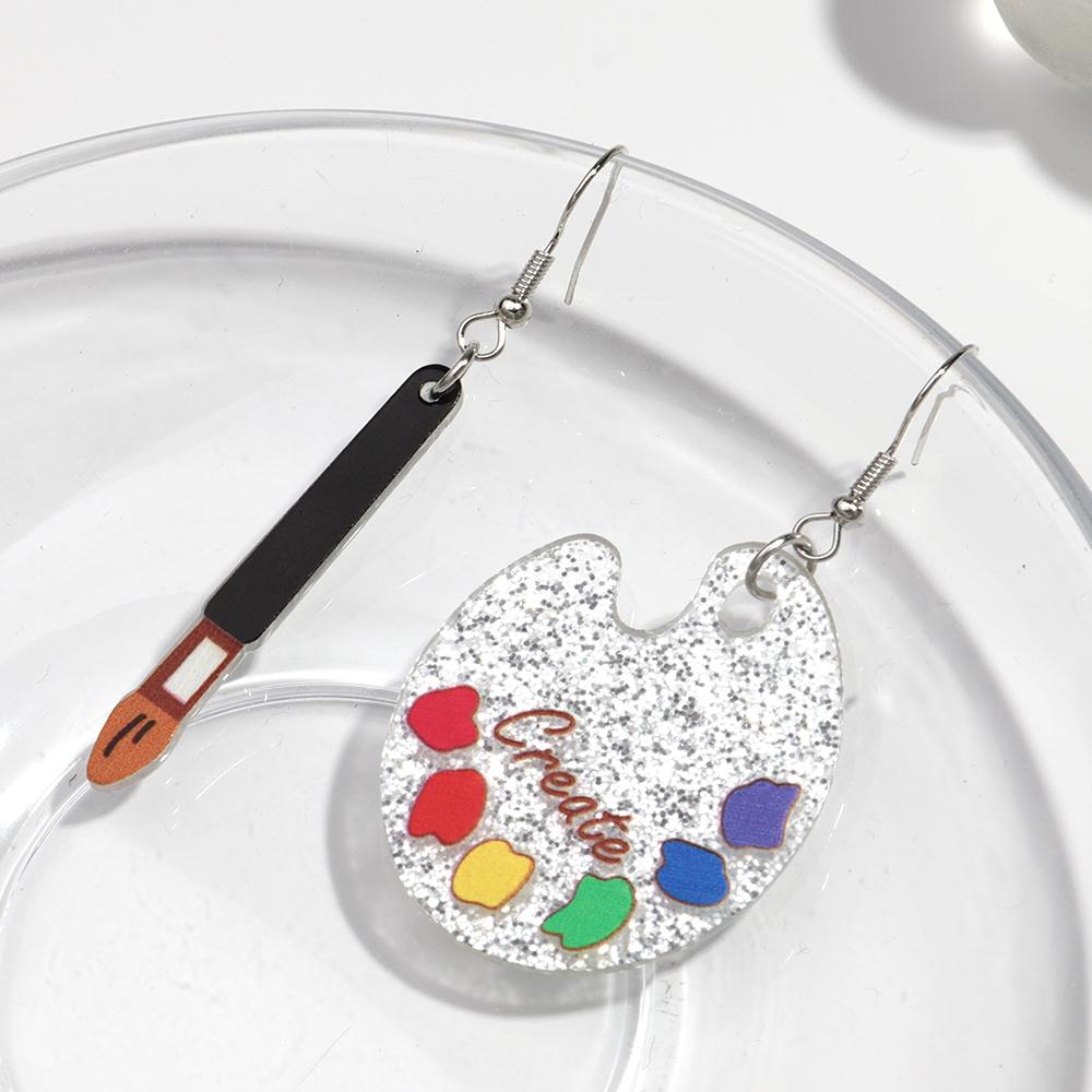 Creative Glitter Painting Brush Palette Acrylic Drop Earrings for Women Funny Artist Palette Earrings Asymmetrical Jewelry Gifts