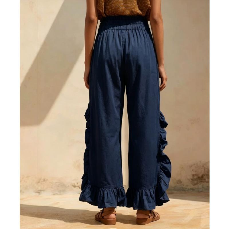 Women Fashion Ruffled Patchwork Versatile Casual Loose Wide Leg Pants