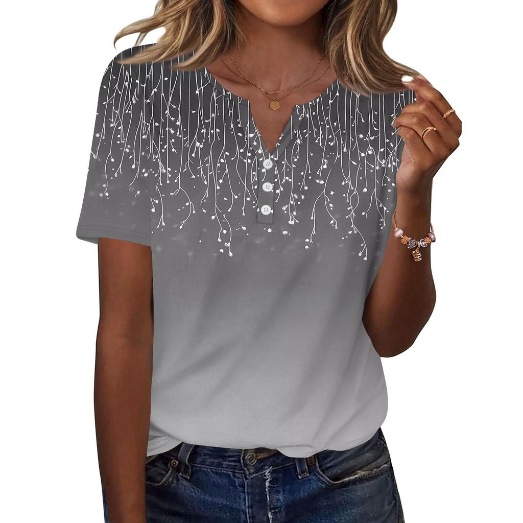Damen T-Shirt mit Aufdruck und Knopfleiste, kurzärmelig, für den Alltag, Wochenendmode, Basic, V-Ausschnitt, normales Oberteil