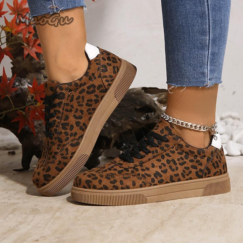Brązowe Leopardowe Sznurowane Damskie Buty Wulkanizowane Wiosna Jesień Okrągły Nosek Modne Codzienne Trampki Wygodne Płaskie Zapatillas De Mujer