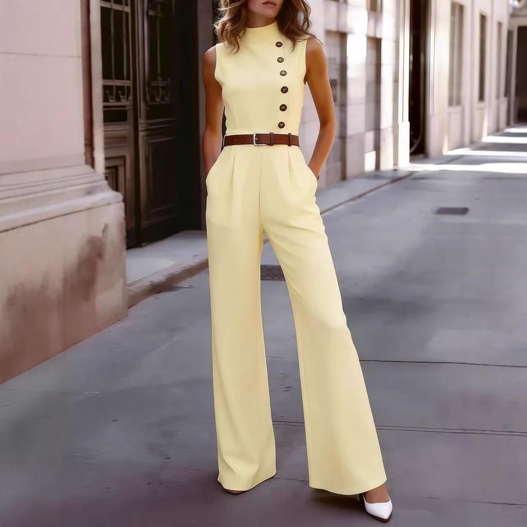 Neuer europäischer und amerikanischer Mode-Temperament ärmelloser einreihiger hochtaillierter figurbetonter Jumpsuit
