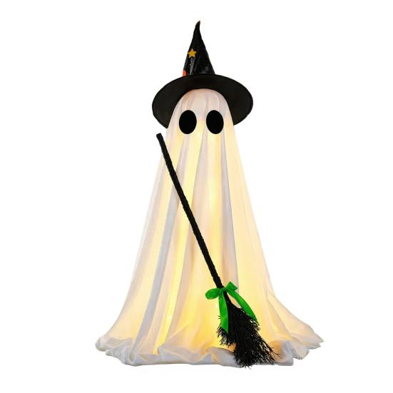 Glowing Ghost Decoration Halloween Light-Up Decoration, Spooky Witch Hat Ornament with LED Yard Light, Broom Decor for Outdoor Lawn Porch Holiday