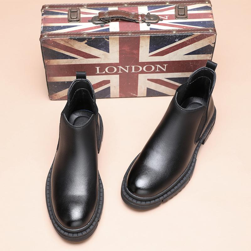 Chelsea Boots Men's Winter Fleece British Middle Help One Pedal Cigarette Boots Thick-soled Height Increasing Martin Boots Low-Top Boots