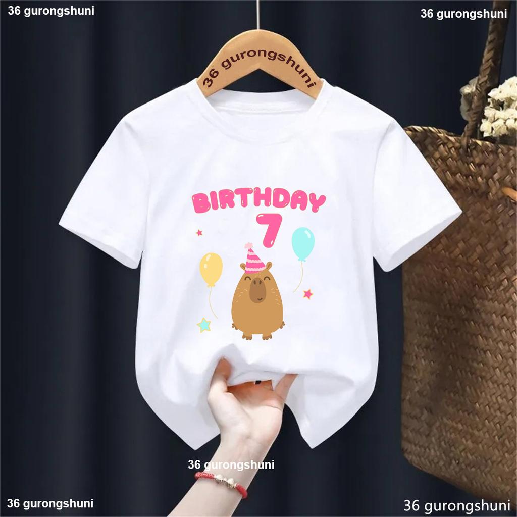 5th/6th/7th/8th/9th Birthday Capybara Balloon Printed Tshirt Girls/Boys Funny Kawaii Kids Clothes Fashion Solid T-Shirt Tops