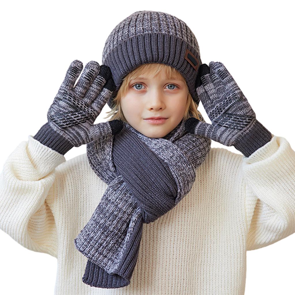 3pcs Children's Soft Knitted Hats Scarf Gloves Set Windproof Warming Kid Three Piece Set Beanie For Outdoors School Sports