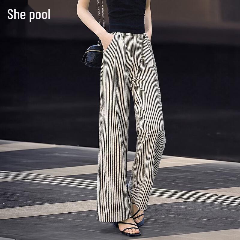Women s Vertical Stripe High-Waist Wide-Leg Pants L