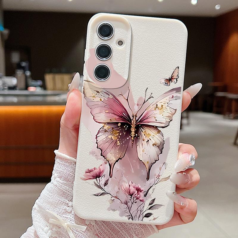 Pink Butterfly Watercolor Pattern Case For Samsung Galaxy A57 A56 A55 A54 5G A37 A36 A35 A34 A26 A25 A17 A16 A15 A14 Leather Texture Silicone Cover