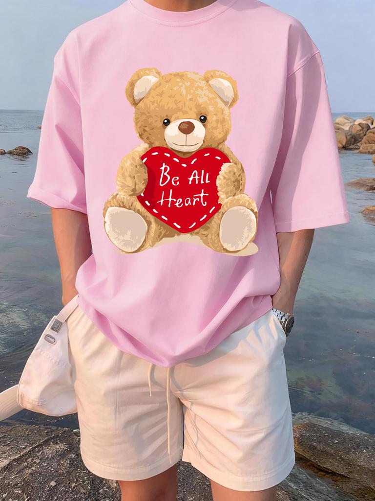 Cartoon Bear Gives You His Heart Prints TShirts Womens Summer Cotton Tops ONeck Soft Loose Short Sleeve Tees Casual Clothes