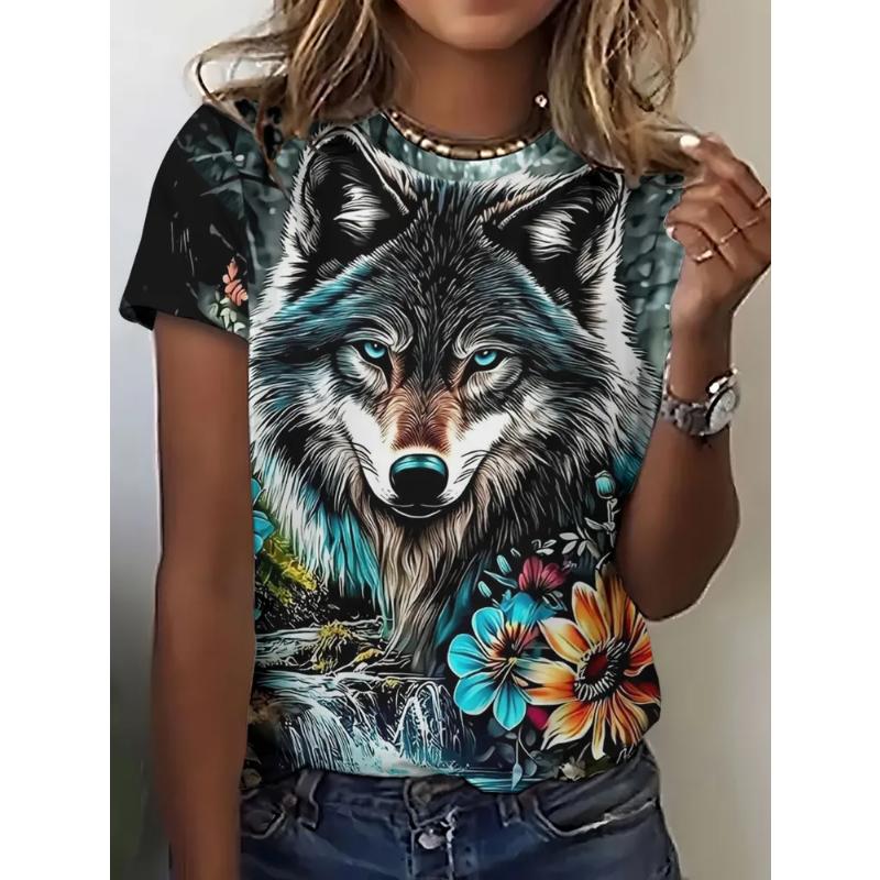 Crew Neck T-Shirt Fashion Women's Animal Short Sleeve 3D Animal Color Printing Crew Neck Short Sleeve